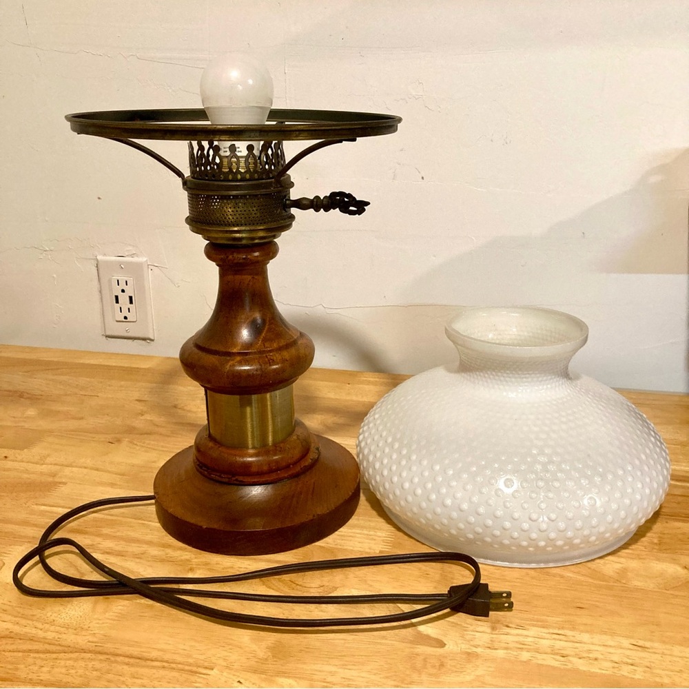 Vintage Brass Tone & Wood Table Lamp with White Hobnail Glass Shade - Picture 13 of 16